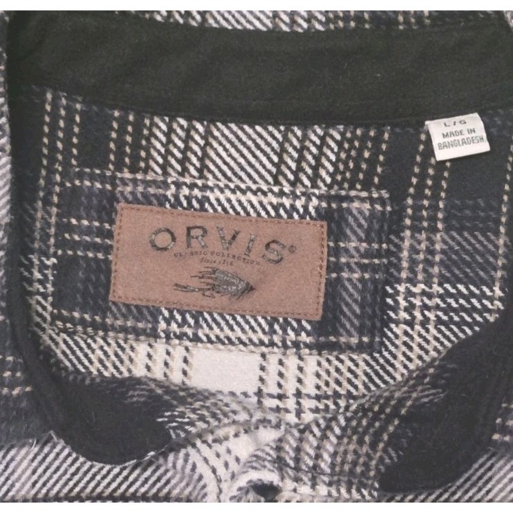 Orvis Men's Large Flannel Shirt Black White Grey Plaid Button Down Long Sleeve L - Picture 2 of 7